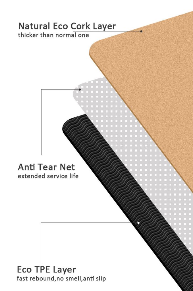 yoga mat with cork top and natural rubber bottom combo layers